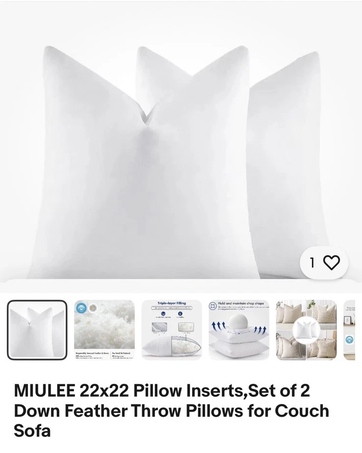 MIULEE 22x22 Pillow Inserts,Set of 2 Down Feather Throw Pillows for Couch Sofa