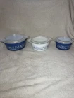 Pyrex Colonial Mist Cinderella Casserole Set 3 W/ Lids Vintage Blue White Floral