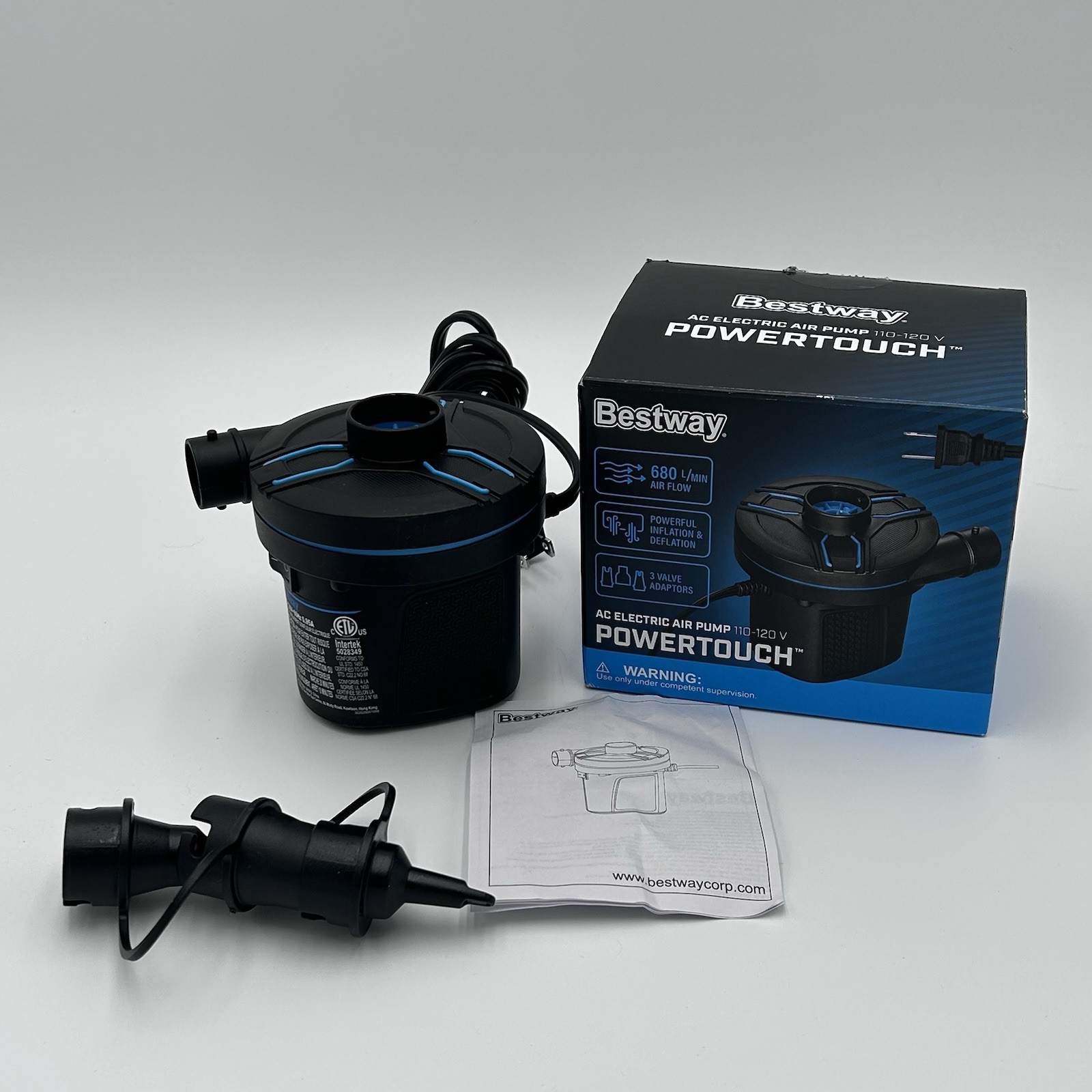 Bomba de aire eléctrica Bestway PowerTouch CA 680 L/min flujo de aire adaptadores de 3 válvulas