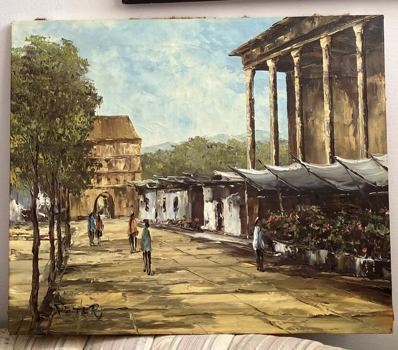 Vintage mid Century Oil Painting Heavily Textured European City Scapes 24"x20"