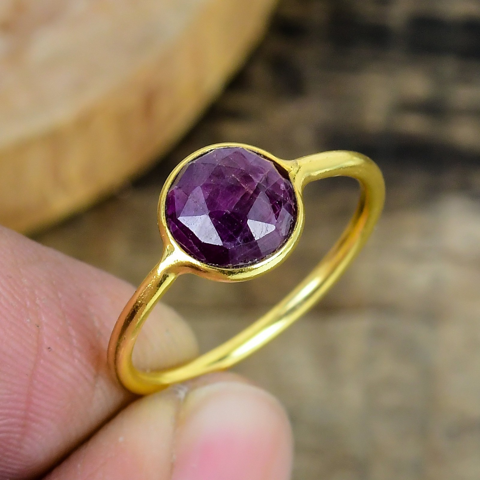 Natural Dark Ruby Ring Gold Plated Over Sterling Silver, Handmade Gemstone Jewel