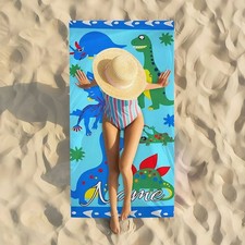 Custom Name Dinosaur Beach Towel, Cute Cartoon Absorbent Quick-Dry Bath Towel,