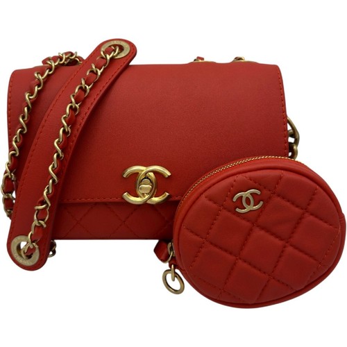 CHANEL Flap Coin Purse Shoulder Bag AS1094 Model 28 Red Gold Hardware Calfskin L