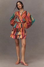 Anthropologie BHLDN Esme V-Neck Long-Sleeve Wrap Chiffon Mini Dress Size Small