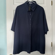 In? Voland Womens Sz 22W Button Up Short Sleeve 100% Cotton Dark Blue Shirt NWT