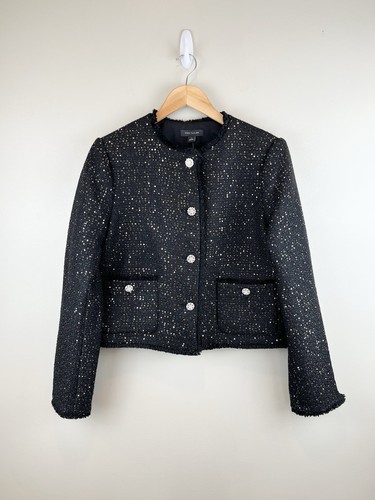 Ann Taylor Women’s Sz 8 Tweed Button Up Jacket Black Metalic Pockets NWT