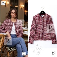 CHANEL 02S Vintage Red Mix Trim Collarless Tweed Jacket by Karl 34 36 42 US2 4 6
