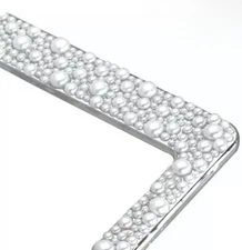 Rhinestone Diamond White PEARLS Over Chrome Metal License Plate Frame for CAR