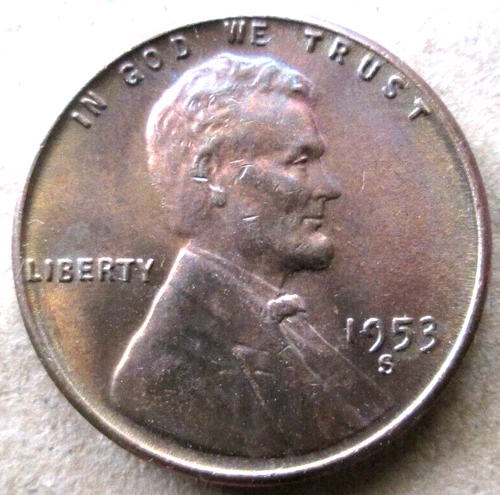 1953-S WHEAT CENT, MS+++ RED/BROWN COLOR, CIRCULATED