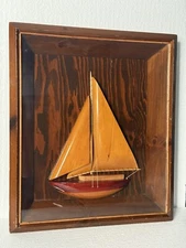 VTG 3D Hand Carved Wooden Sailboat in a Shadow Box Nautical Wall Art Decoration