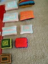 9 PINCUSHIONS--HAND STITCHED ASSORTED DESIGNS AND COLORS--VARIOUS SIZES