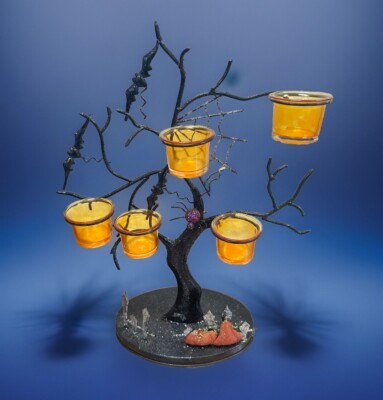 Hallmark ? Halloween Black Metal Tree Bats Spider w Glass Votives Candle Holders