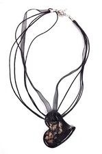 MURANO STYLE GLASS BLACK+METALLIC GOLD HEART CHARM,MULTI CORD RIBBON,NECKLACE