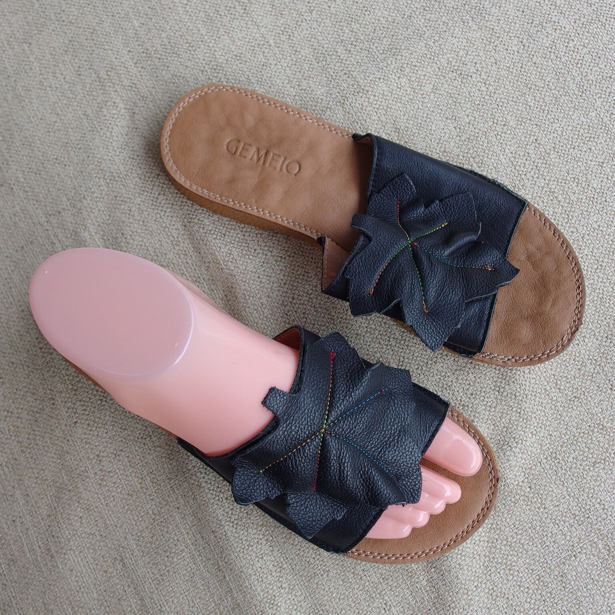 GEMEIO Black Leather Women's Slide Cushioned Sandals Size Inner