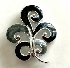 BROCHE vintage émail NOIR et GRIS Argenté NEUF feuille stylisé Brooch pin 4,9cm!