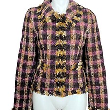 Walter Plaid Wool Jacket Tweed Pink Brown Plaid Fringe Trim Lined Size 6