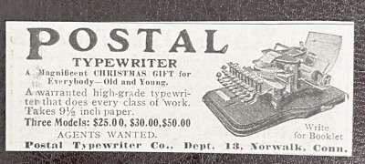 Antique POSTAL TYPEWRITER Norwalk,Conn. Office Writing Machine Vtg 1907 Print Ad