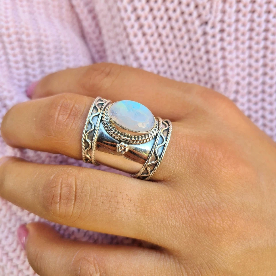 Anillo Piedra Lunar Genuina Plata de Ley 925 Anillo Distintivo Arco Iris Piedra Lunar Anillo Foto 3 de 4
