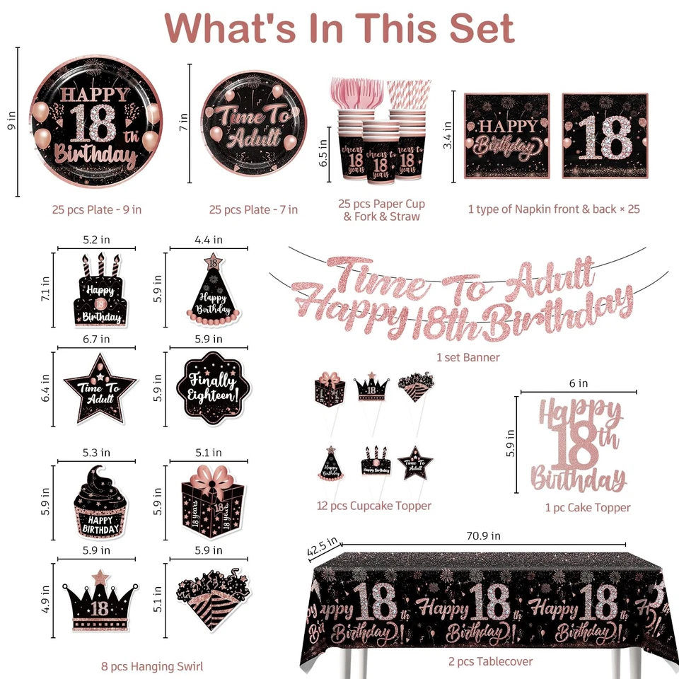 182 ШТ. 18-й день рождения украшения для девочек посуда комплект, розовое золото 18th юбка... - Изображение 2 из 4