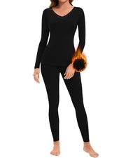 Lace V Neck Thermal Underwear Set Women Long Johns Fleece Base Layer Cold Wea...