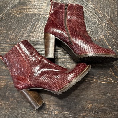Zinda Spain Burgundy Snake Embossed Leather Ankle Boots Size 40 Block Heel