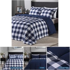 King Size Lightweight Plaid Comforter Set 2 Pillow Shams Blue/White Reversible
