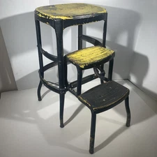 Vintage Cosco Black Yellow Metal Pull Out Step Stool Farmhouse Kitchen Decor