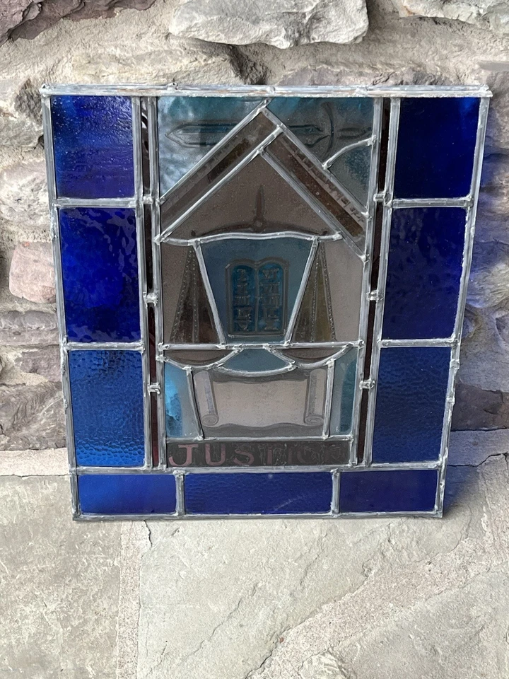 ANTIGUO VITRAL IGLESIA VENTANA "JUSTICIA" pintado vidrio cocido años 40 NYC Foto 3 de 4