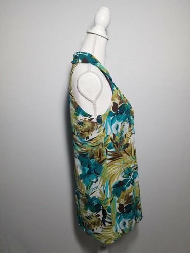 Nue Options Lined Sleeveless Blouse Teal Floral High Neck Pleated Size Medium. - Picture 7 of 9