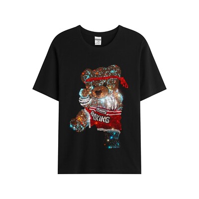 Fashion Bear Rhinestones Summer Short Sleeve Luxury Men Trend Black T-Shirt