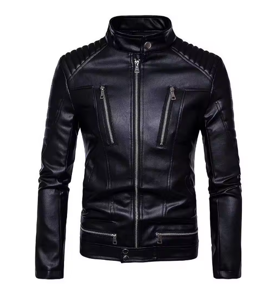Men's Black Biker Leather Jacket with Front Zipper Style