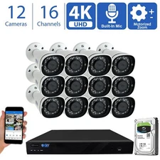 (12) 4K 8MP Motorized Zoom Microphone POE NVR AI Bullet Security Camera System