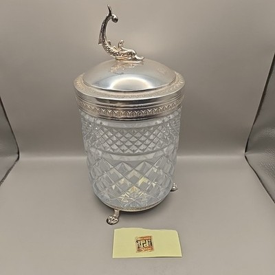 Vintage PeeDee 9.5'' Diamond Cut Glass Canister Koi Fish Finial Silver-Plated Lid