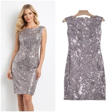 Lauren Ralph Lauren Evening Dress Gray Sequin Size 4 Floral Open Back Hole Lined