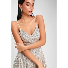 Stunning Sparkles Lulus Silver Sequin Backless Skater Dress Small Mini