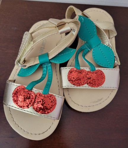 TODDLER CARTERS CHERRIE CHERRY RED GREEN GOLD SPARKLE MARY JANE SANDALS SHOE 6 - Picture 1 of 10