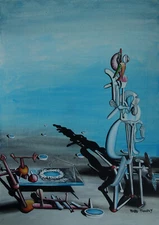 Fine unique painting – Surreal landscape, signed Yves Tanguy, w COA