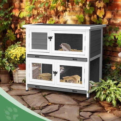 Wood 2 Story Solid Rabbit Hutch Bunny Cage with 2 Large Main Rooms Rabbit House - Picture 6 of 19