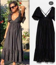 ZARA Black Long Cutwork Broderie Anglaise Embroidered Maxi Dress size M 10 12