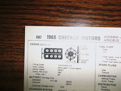 1968 Checker Motors EIGHT Series A12W6M-A12W8M Models 327 CI V8 Tune Up Chart