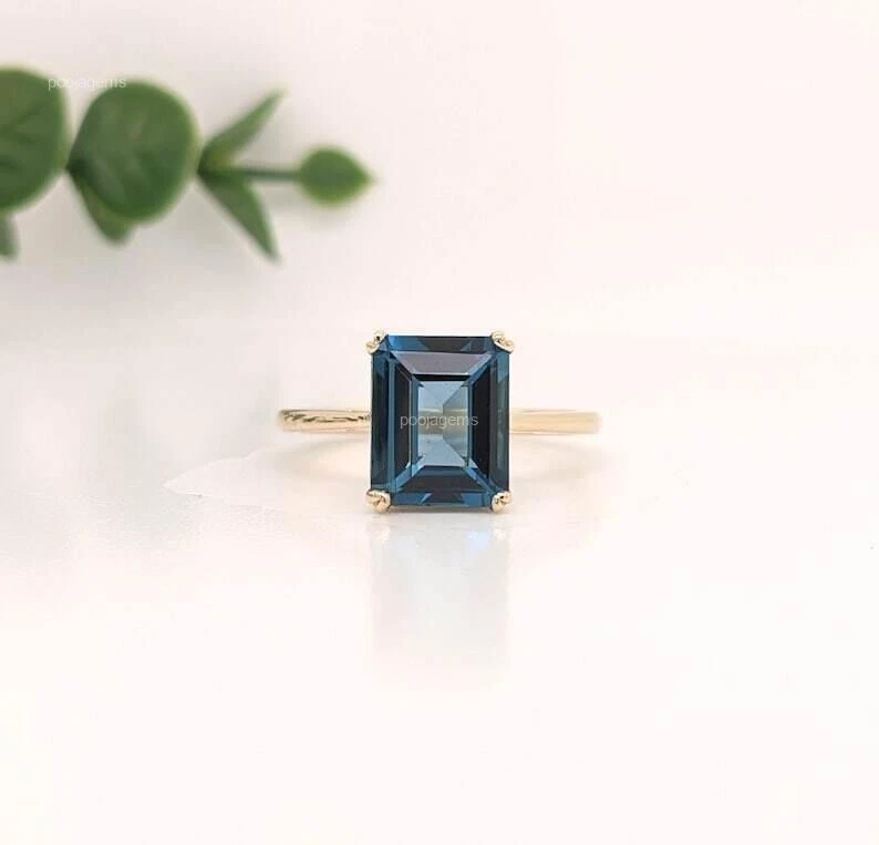 Geschenk Für Sie Natürlicher London Blau Topas Solitär Ring Größe 7 14k Gelbgold - Bild 3 von 4