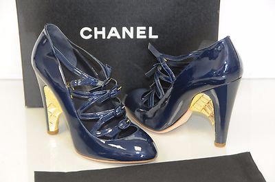 New Chanel Buckle Navy Blue Patent Pumps Strap Heels Shoes 39.5 | eBay