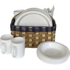 Vtg Amish Made Wicker Basket Dinner Flatware Caddy Organizer W/Dish Picnic Set