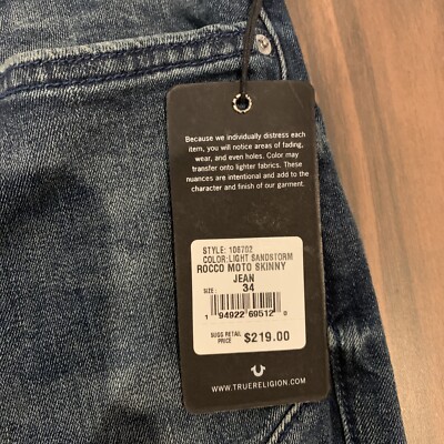 True Religion Jeans Rocco Moto Skinny Relaxed Blue Men's 34 NWT