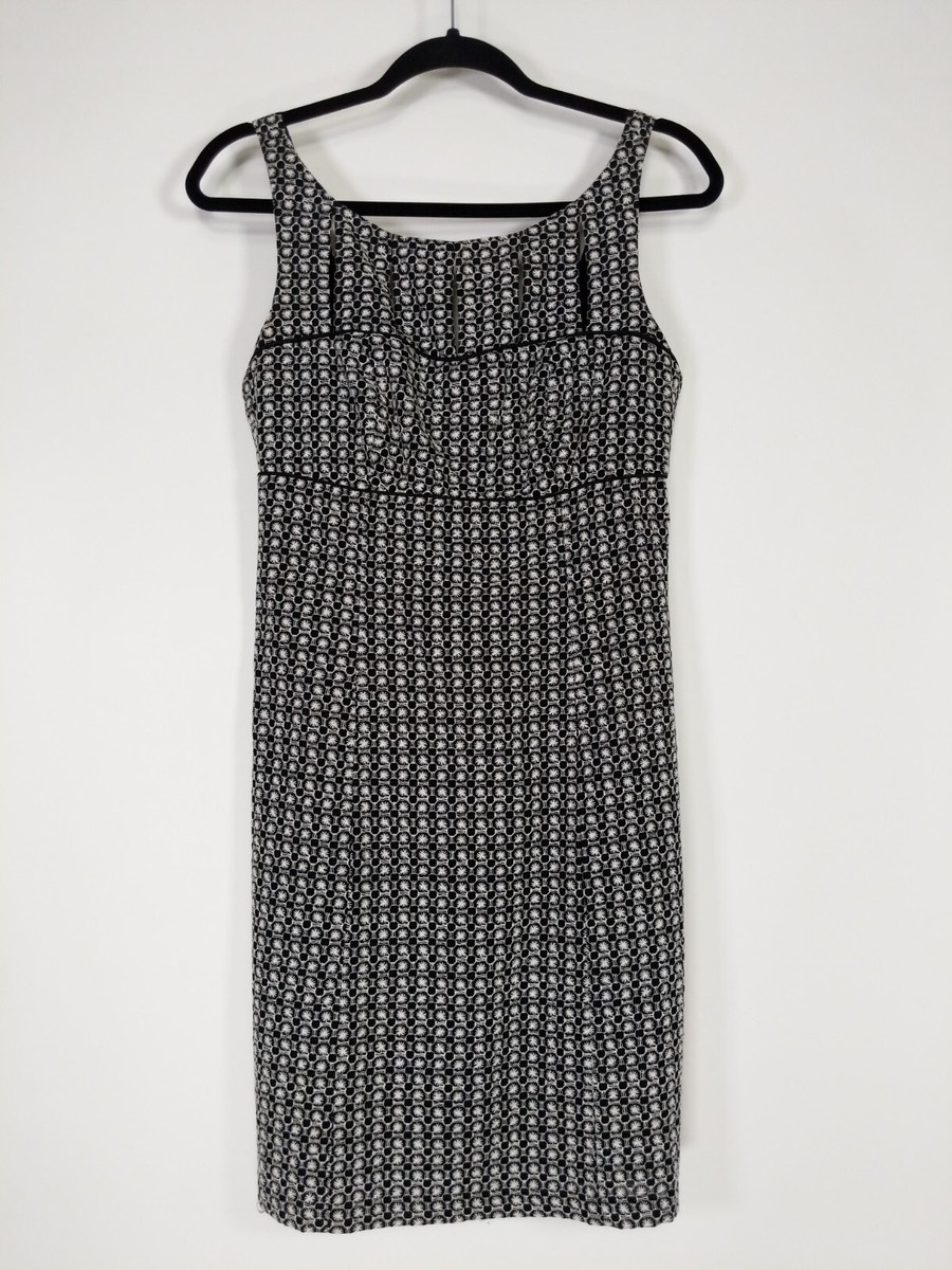 Muse Black White Geometric Embroidered Cotton Boat Neck Zip Sheath