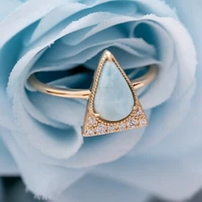 Larimar Triangle Ring Stament Stone Blue Teardrop Stone Crystal Stacking Ring