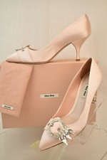 MIU MIU PRADA 5I355B LIGHT PINK SATIN JEWELED CRYSTALS BUCKLE WEDDING PUMPS 37