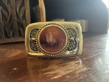 Vintage Western Belt Buckle - Agate Stone - Heavy Gold Tone Metal