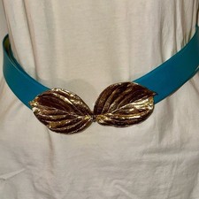 Vintage Mimi Din 1981 Turquoise Adjustable Belt with Gold Leaf Buckle