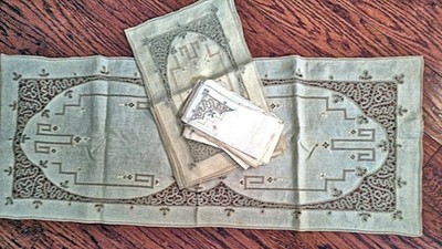 Vtg. 48'' Table Runner 4 Placemats 4 Napkins Linen Handmade Lace Italian Ropework